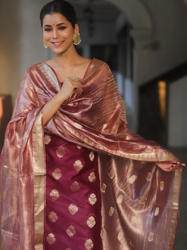 Banarasee Chanderi Zari Buti Salwar Kameez Fabric With Tissue Dupatta-Magenta