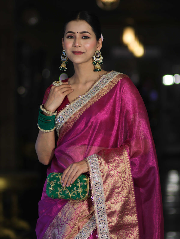 Banarasee Handloom Plain Tissue Saree With Zari Border & Lace-Deep Magenta