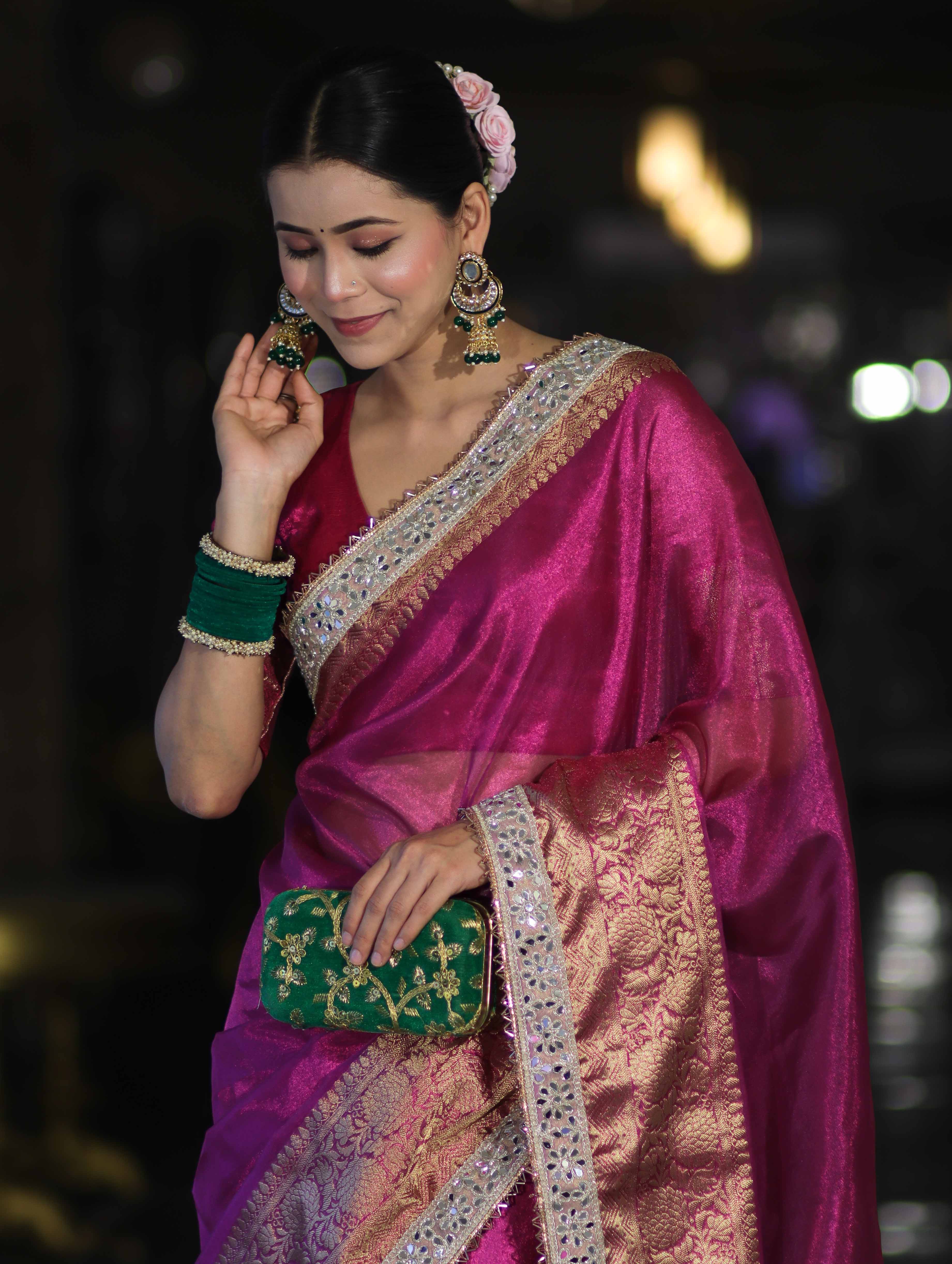 Banarasee Handloom Plain Tissue Saree With Zari Border & Lace-Deep Magenta