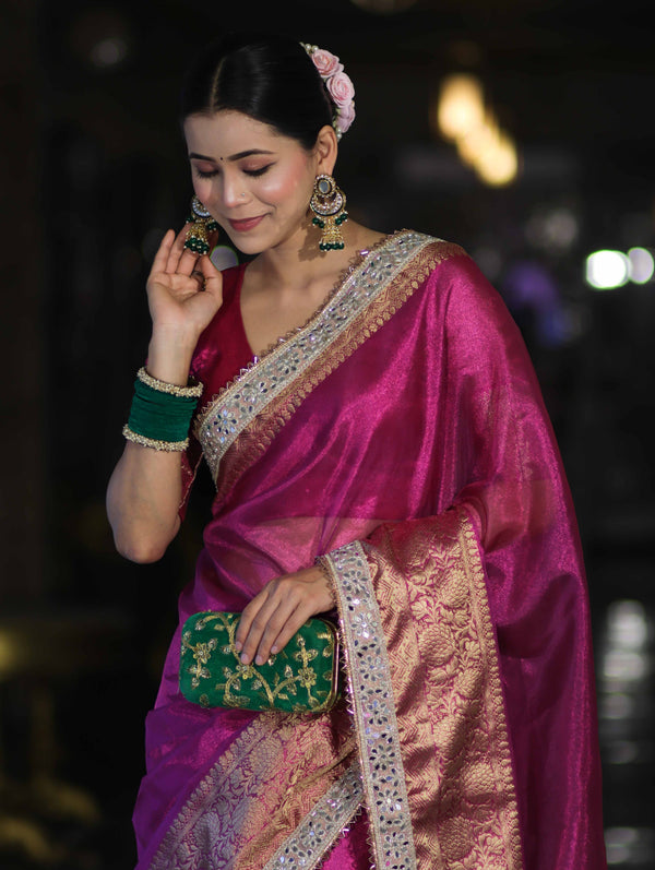 Banarasee Handloom Plain Tissue Saree With Zari Border & Lace-Deep Magenta