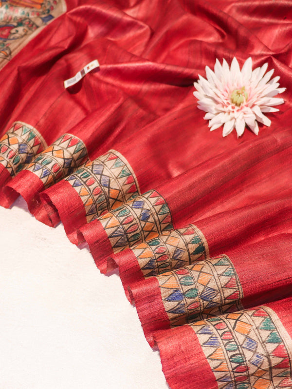 Bhagalpur Handloom Pure Tussar Silk Saree With Hand Block Painted Madhubani Design-Red