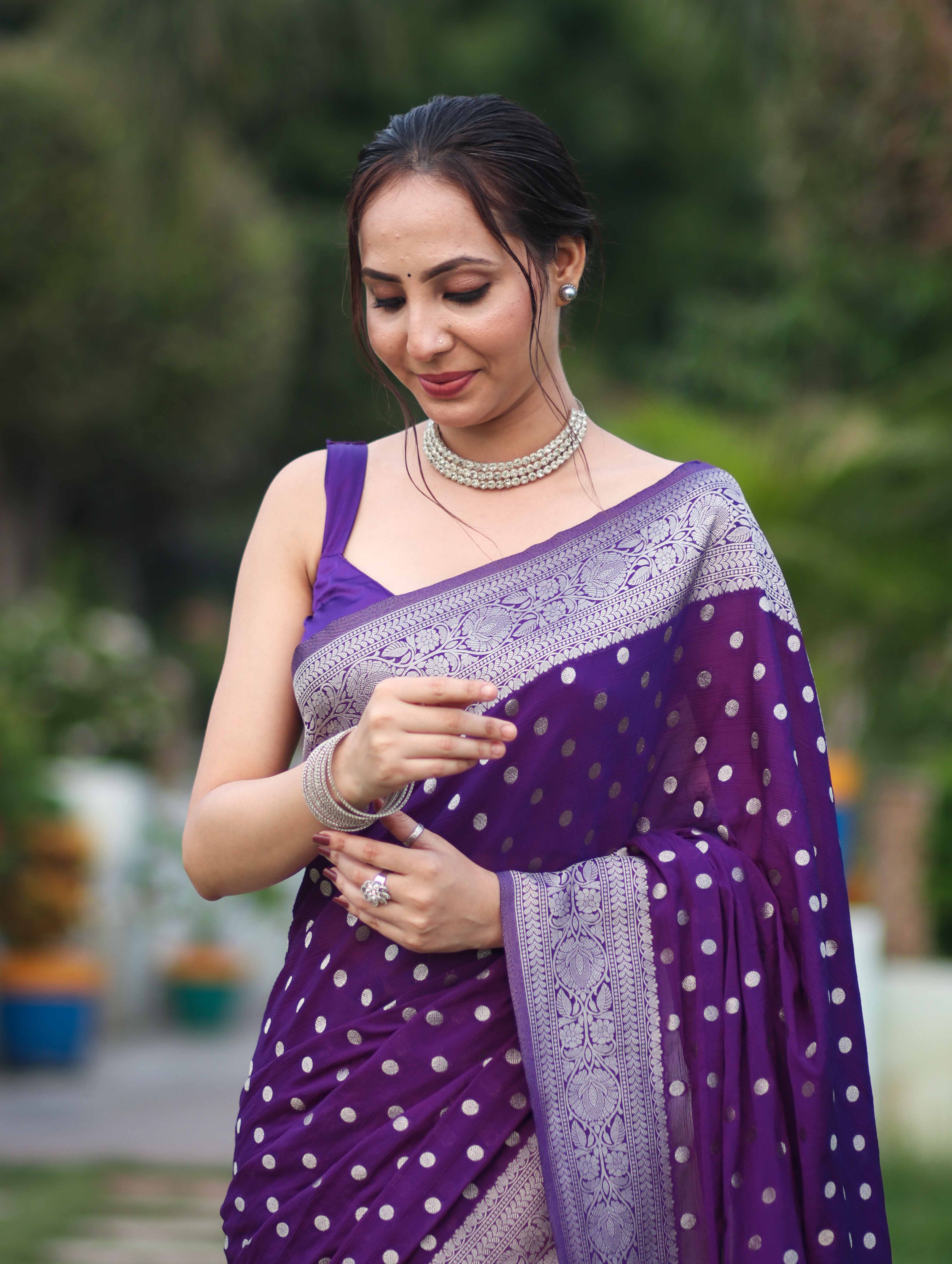 Banarasee Handwoven Chiffon Saree With Polka Dots Design & Border-Violet