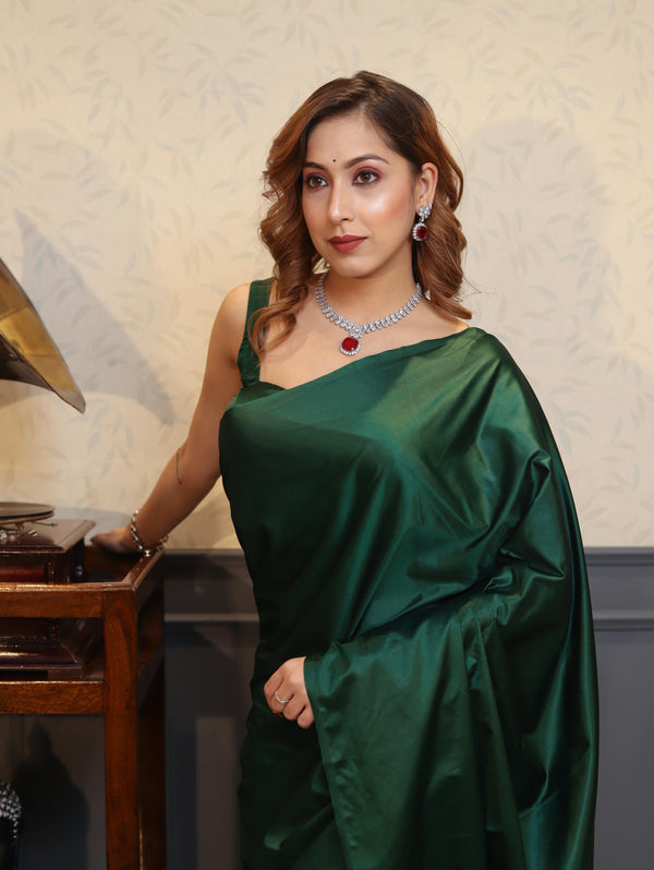 Banarasee Handloom Plain Mashru Silk Saree-Deep Green
