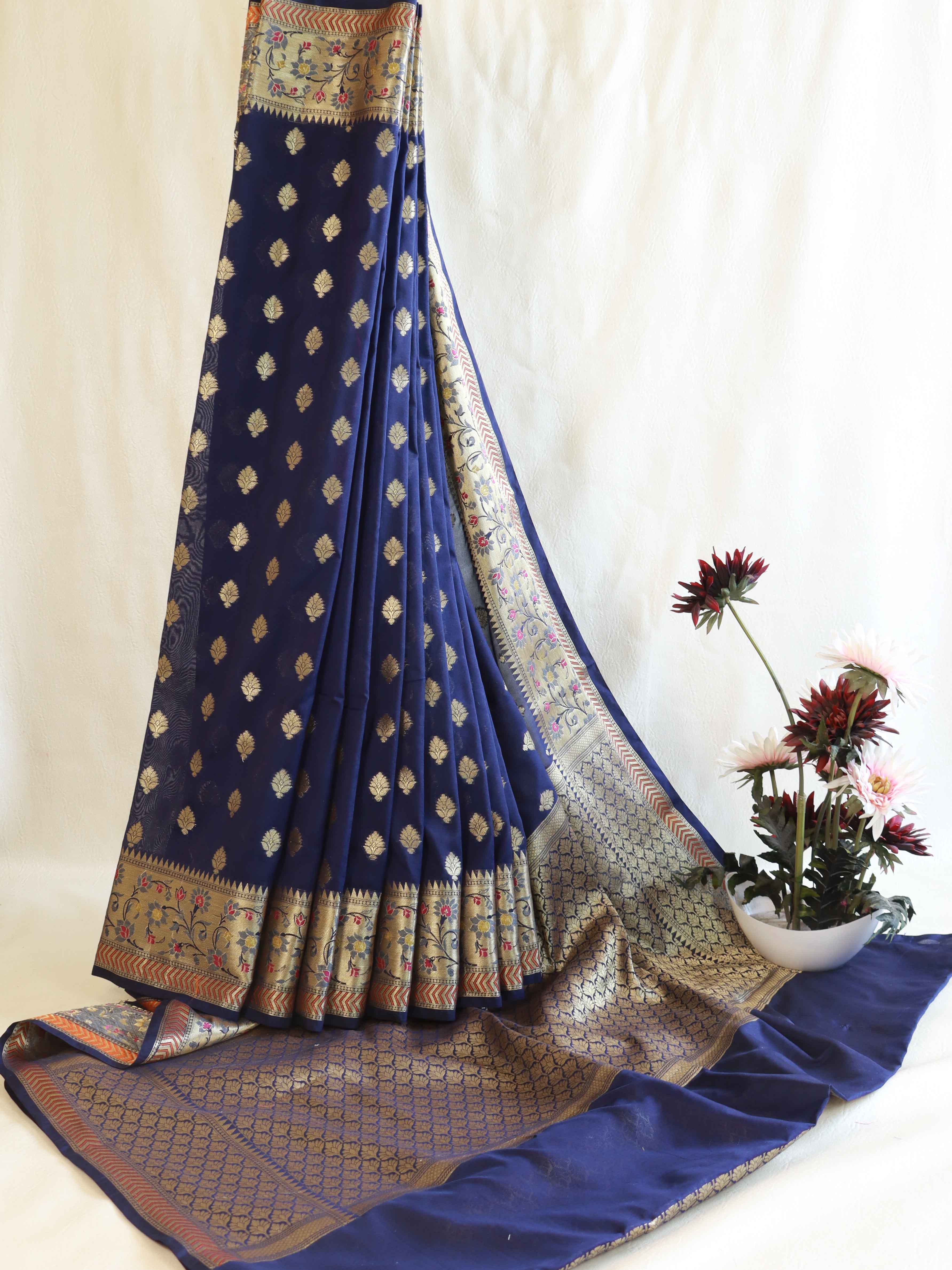 Banarasee Semi-Silk Saree with Zari Paithani Border-Blue