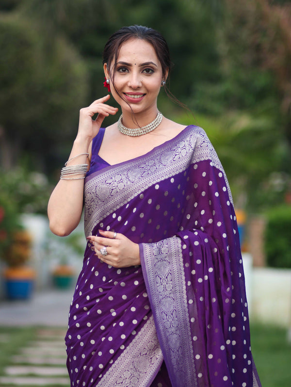 Banarasee Handwoven Chiffon Saree With Polka Dots Design & Border-Violet