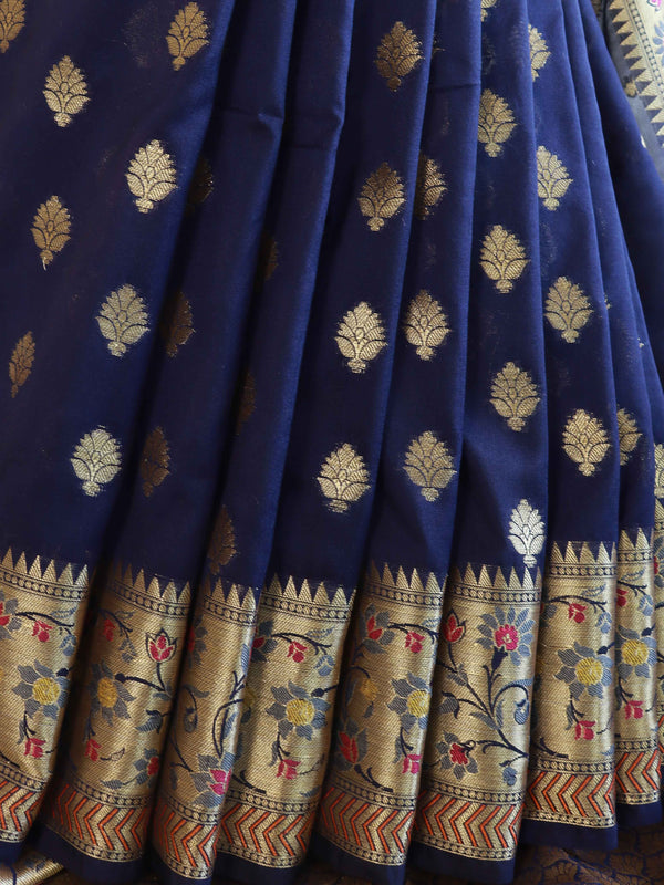Banarasee Semi-Silk Saree with Zari Paithani Border-Blue