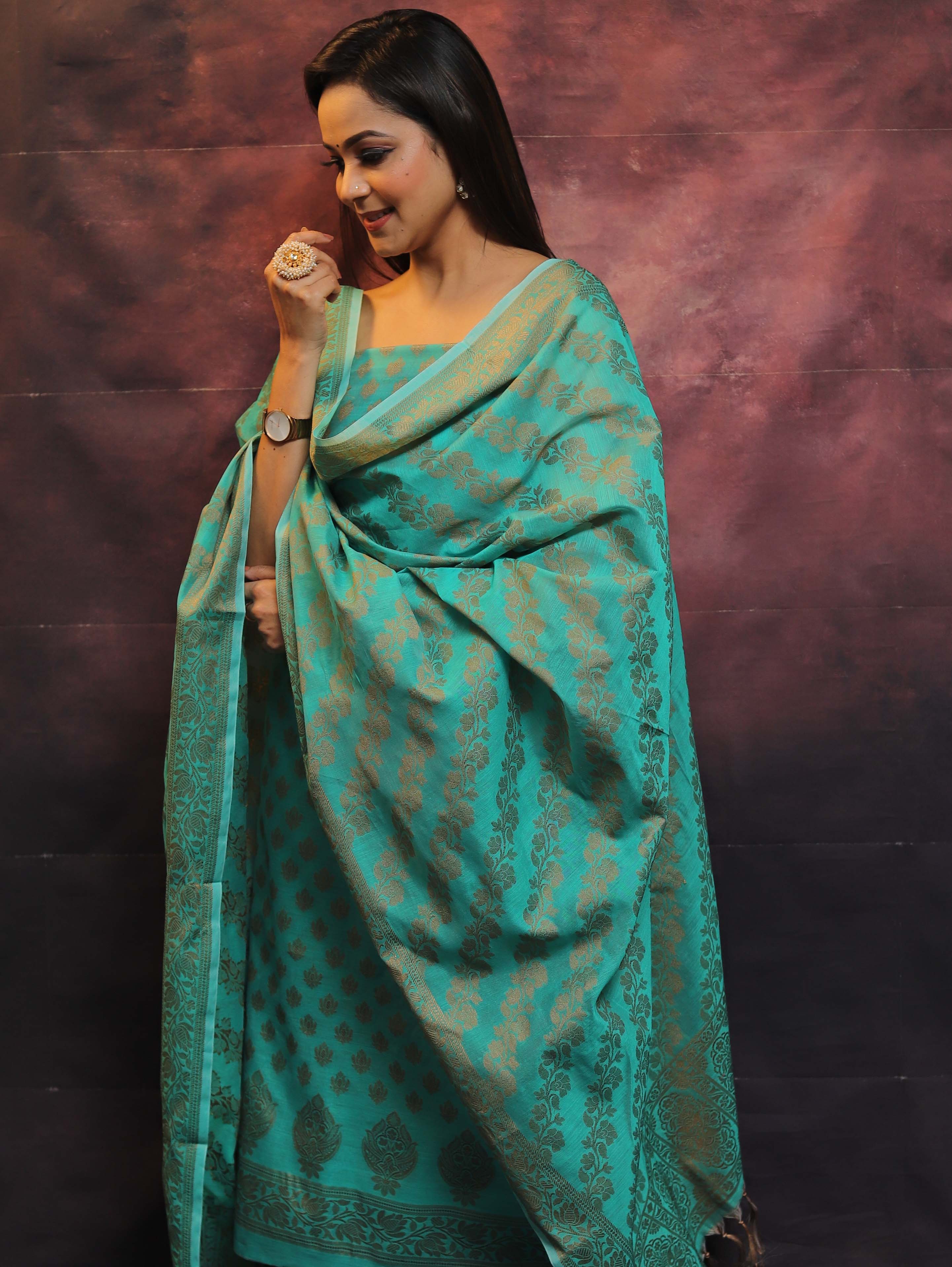 Banarasee Soft Cotton Ghichha Work Salwar Kameez Fabric With Dupatta-Green