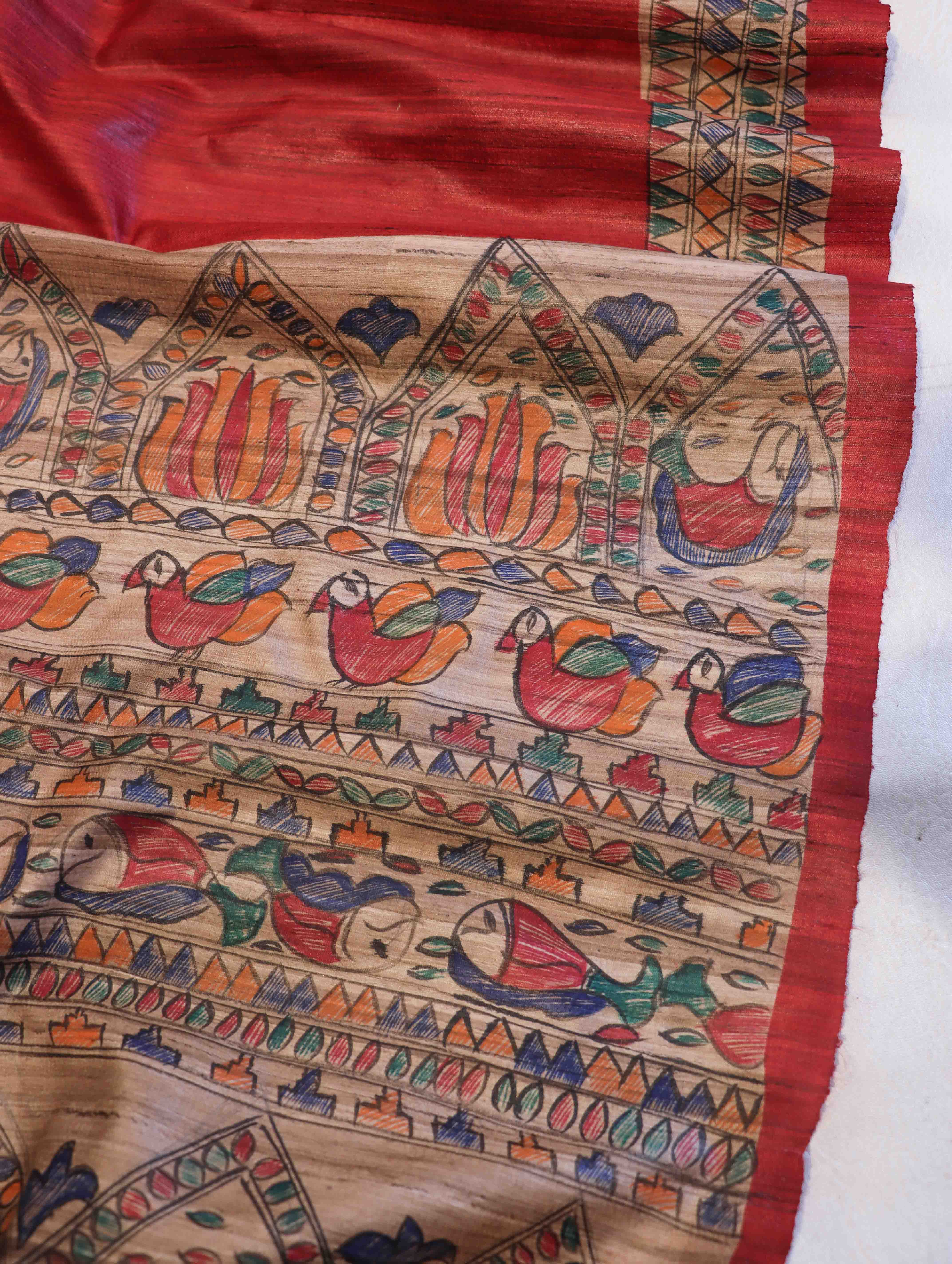 Bhagalpur Handloom Pure Tussar Silk Saree With Hand Block Painted Madhubani Design-Red