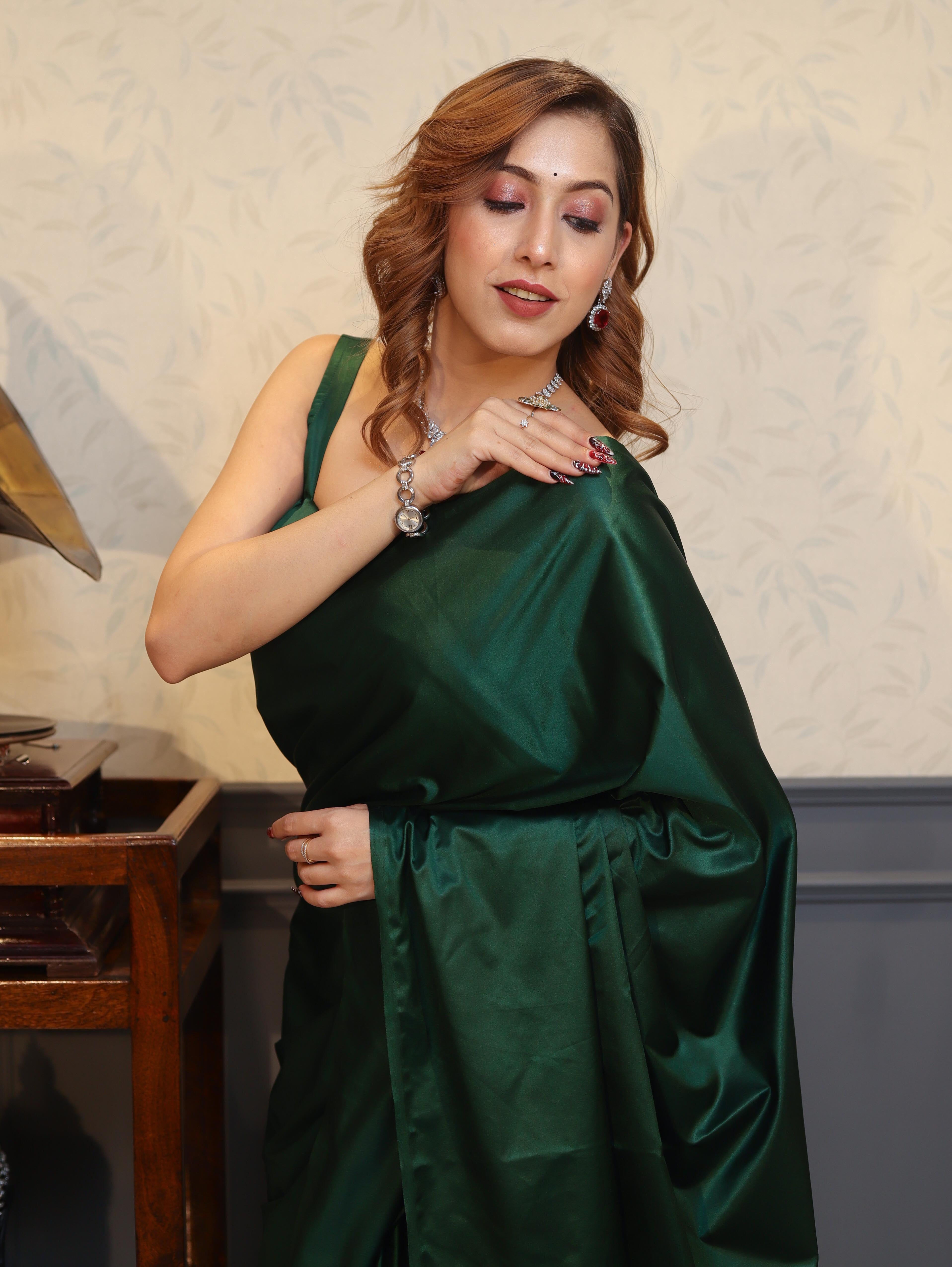 Banarasee Handloom Plain Mashru Silk Saree-Deep Green