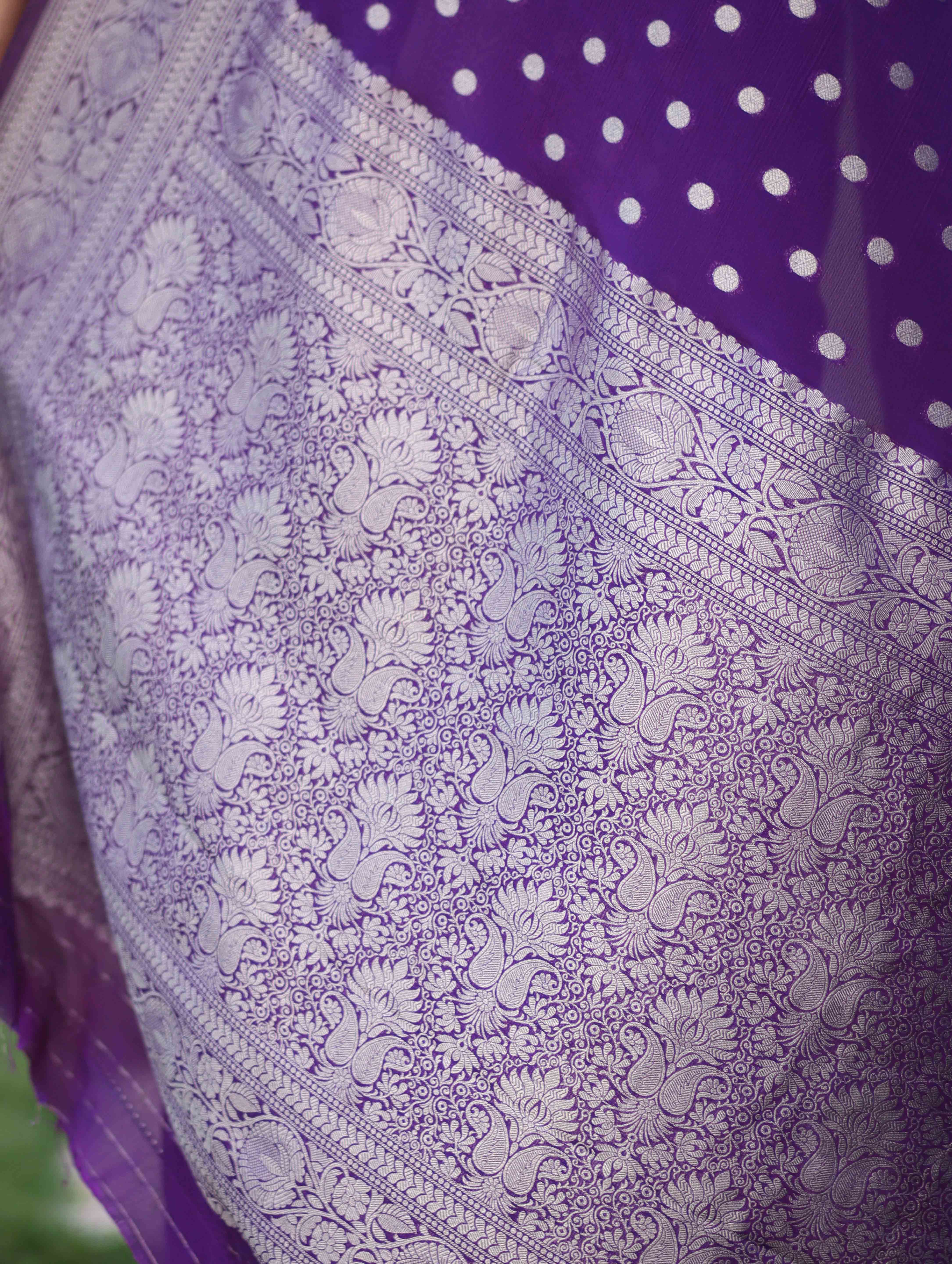 Banarasee Handwoven Chiffon Saree With Polka Dots Design & Border-Violet