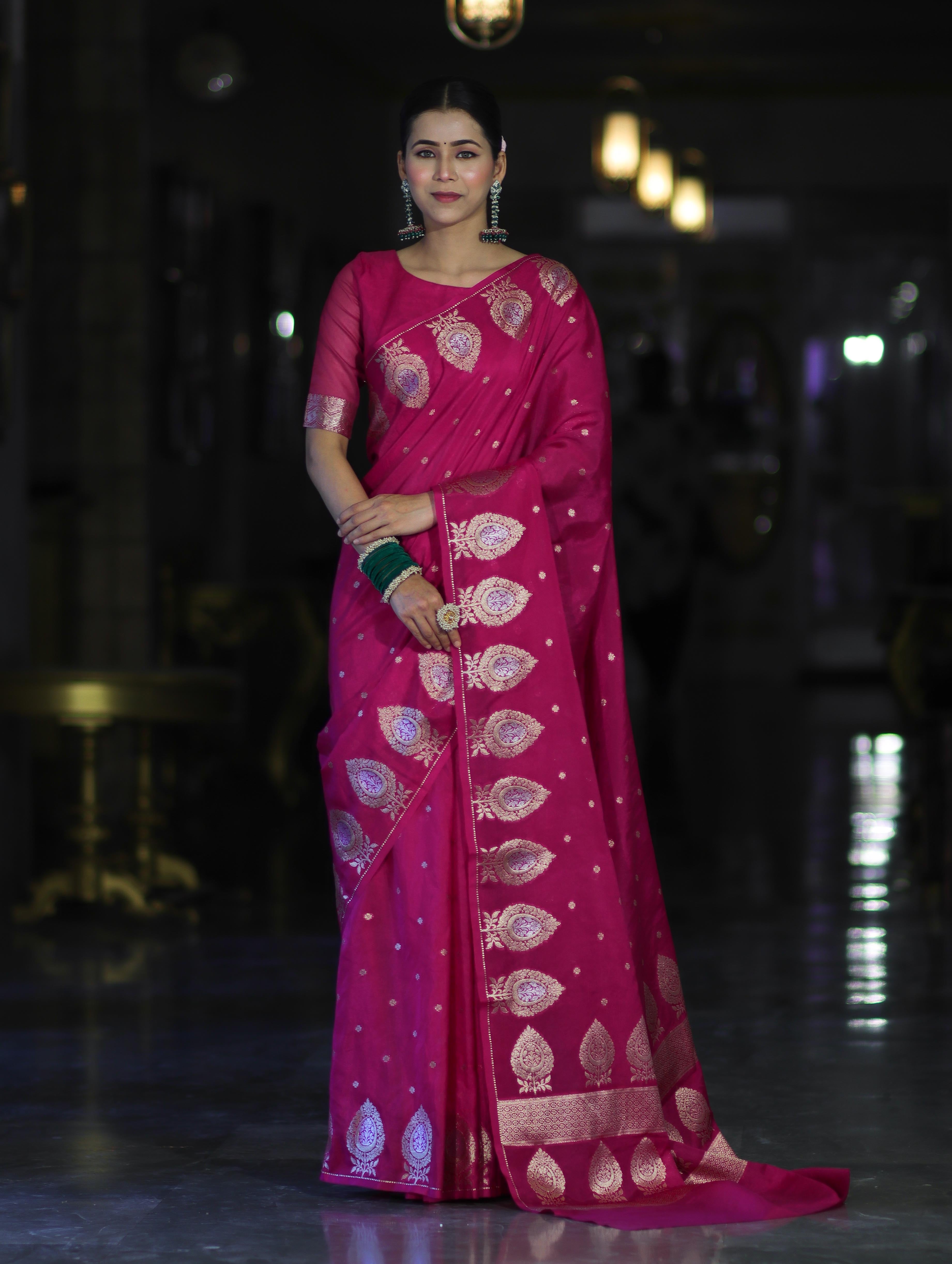 Banarasee Handloom Semi Silk Saree With Sona Rupa Zari Buti Design & Border-Deep Pink