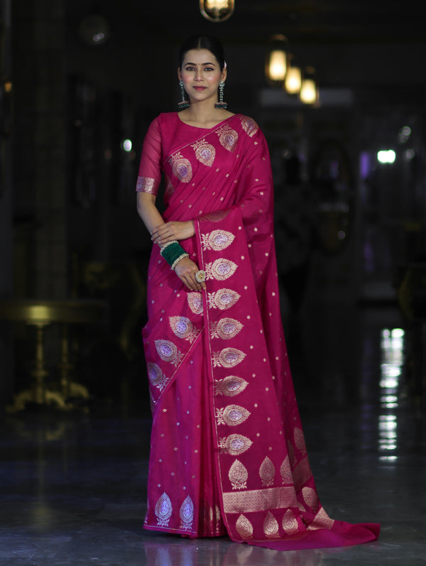 Banarasee Handloom Semi Silk Saree With Sona Rupa Zari Buti Design & Border-Deep Pink