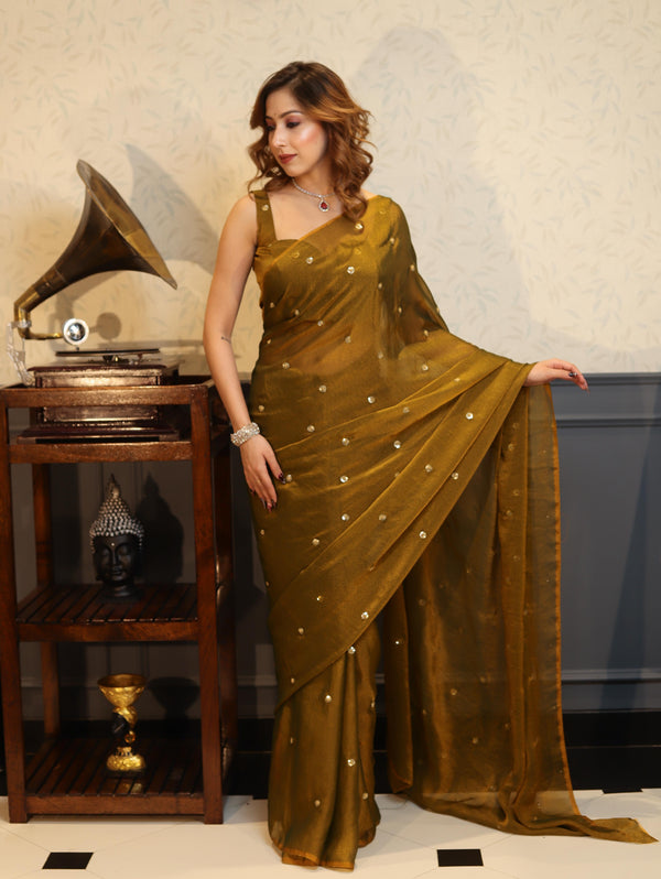 Banarasee Handwoven Semi Chiffon Saree With Buta Work-Gold