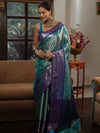 Banarasee Handwoven Tissue Saree With Silver Zari Design Broad Border & Lace-Blue (Dual Shade)
