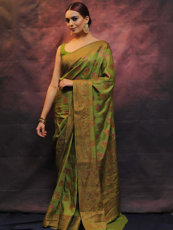 Banarasee Pure Handloom Muga Silk Saree With Resham & Zari Weaving-Green
