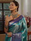 Banarasee Handwoven Tissue Saree With Silver Zari Design Broad Border & Lace-Blue (Dual Shade)