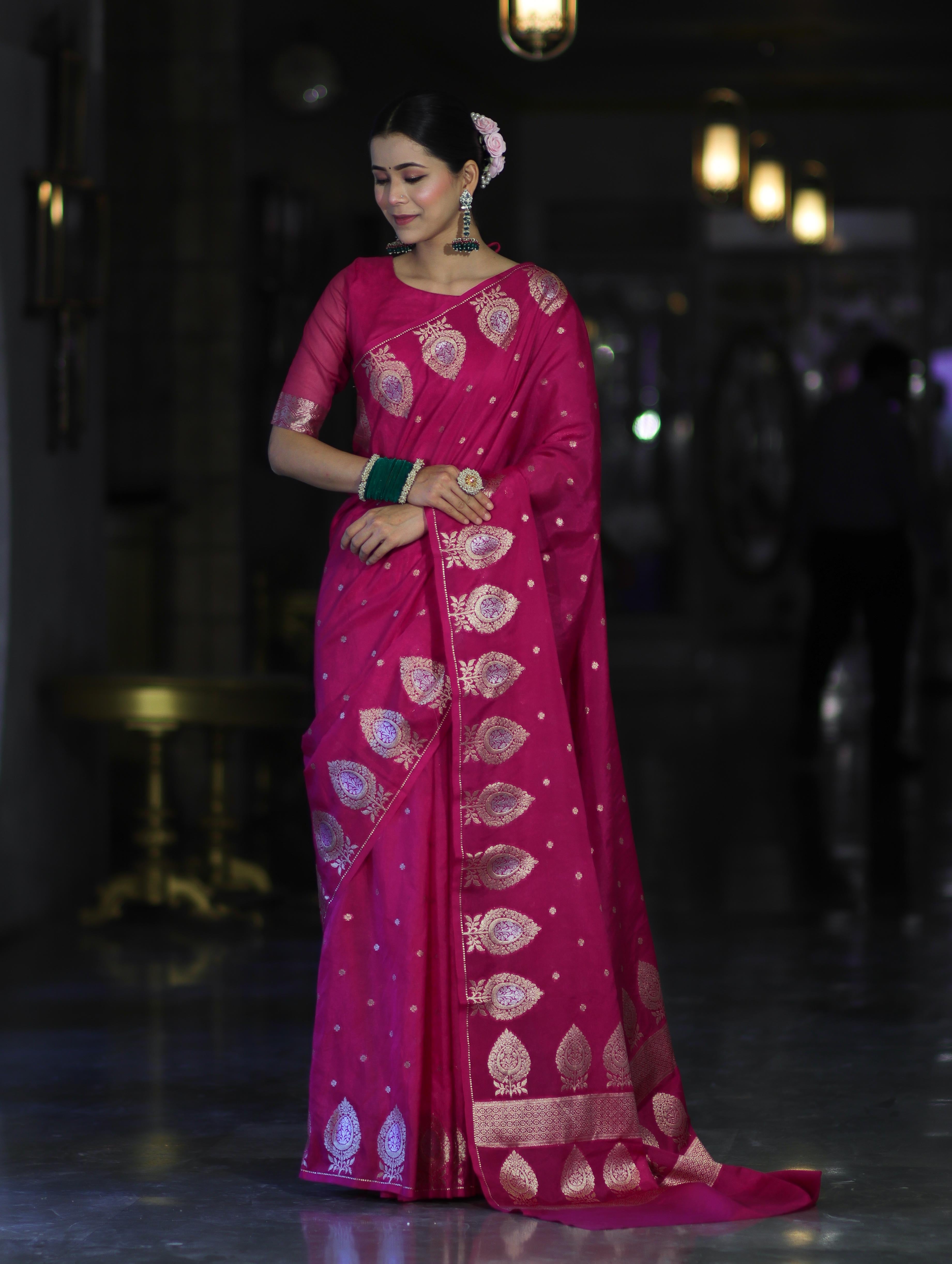 Banarasee Handloom Semi Silk Saree With Sona Rupa Zari Buti Design & Border-Deep Pink