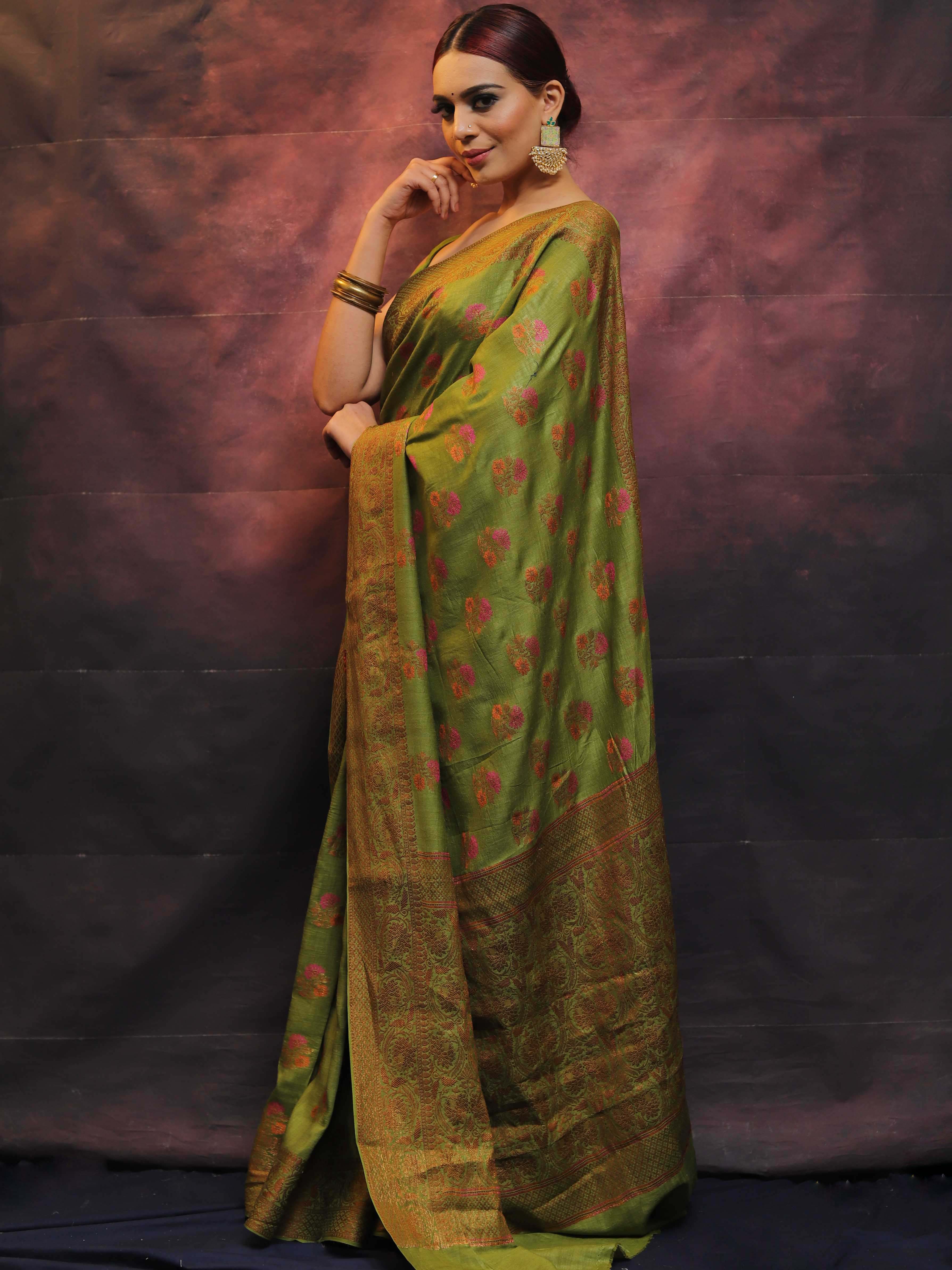 Banarasee Pure Handloom Muga Silk Saree With Resham & Zari Weaving-Green