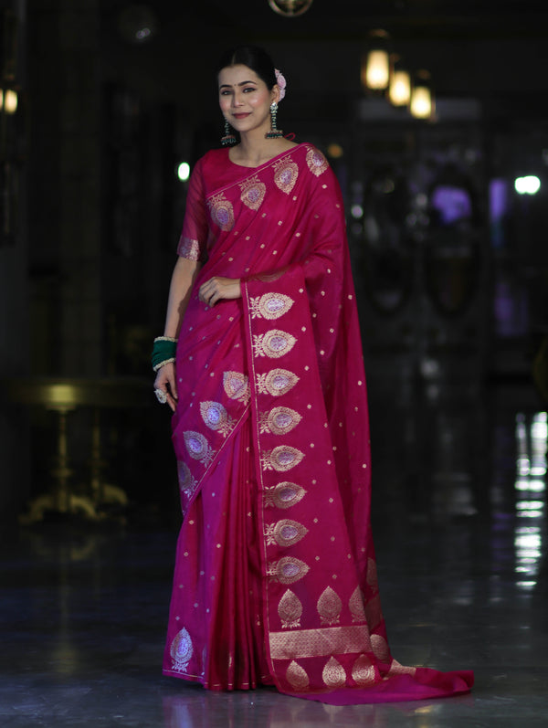 Banarasee Handloom Semi Silk Saree With Sona Rupa Zari Buti Design & Border-Deep Pink