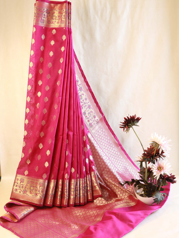 Banarasee Semi-Silk Saree with Zari Paithani Border-Pink