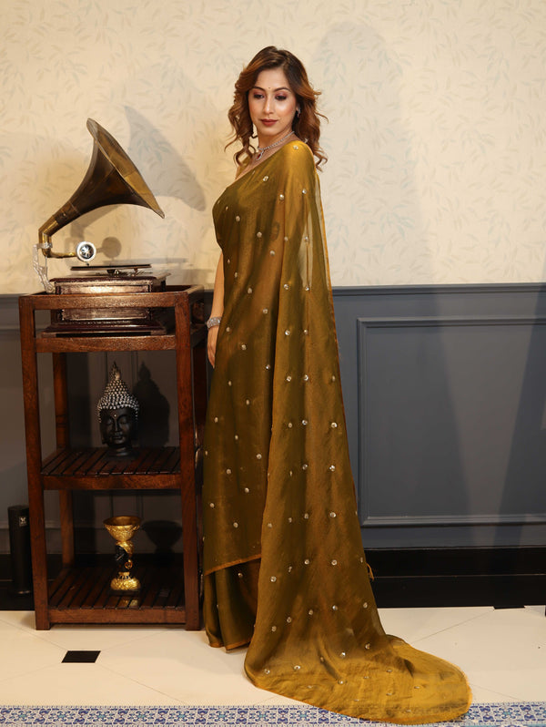 Banarasee Handwoven Semi Chiffon Saree With Buta Work-Gold