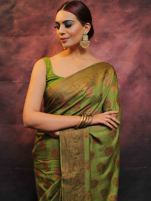 Banarasee Pure Handloom Muga Silk Saree With Resham & Zari Weaving-Green