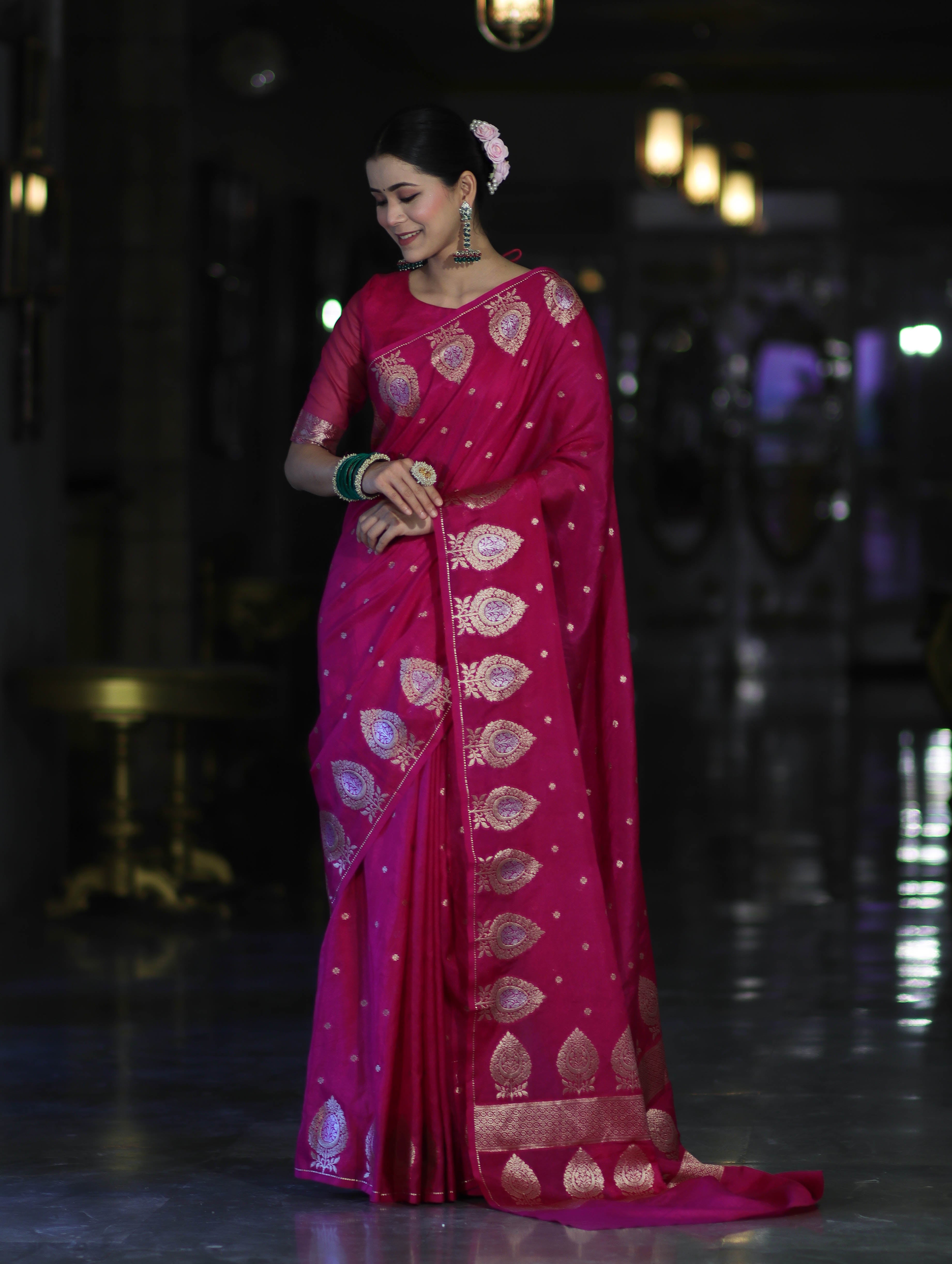 Banarasee Handloom Semi Silk Saree With Sona Rupa Zari Buti Design & Border-Deep Pink