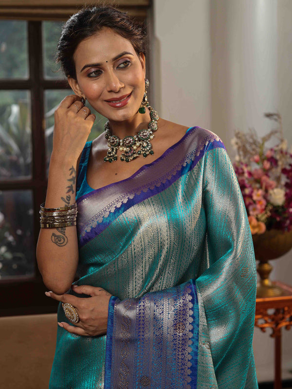 Banarasee Handwoven Tissue Saree With Silver Zari Design Broad Border & Lace-Blue (Dual Shade)