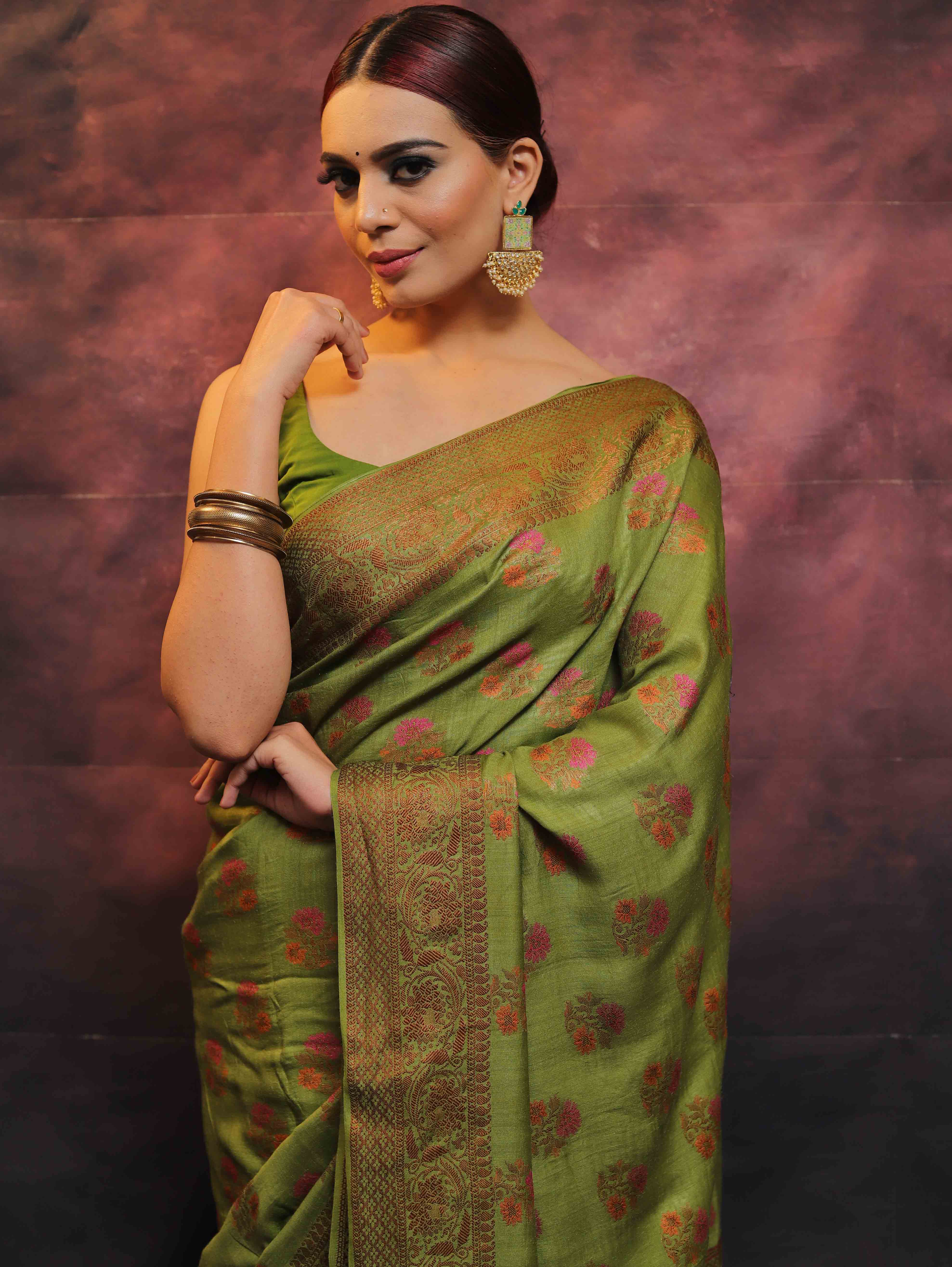 Banarasee Pure Handloom Muga Silk Saree With Resham & Zari Weaving-Green