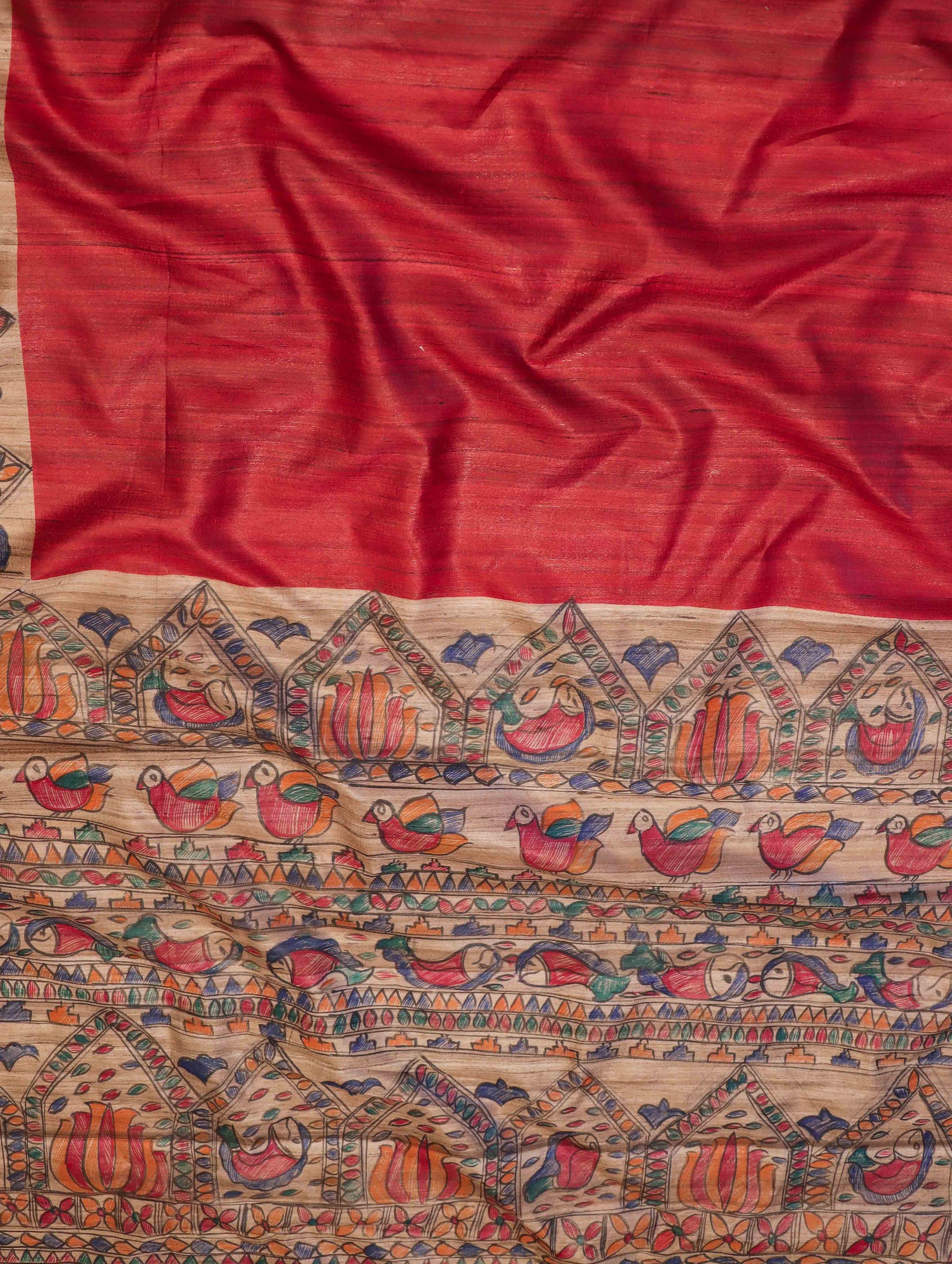 Bhagalpur Handloom Pure Tussar Silk Saree With Hand Block Painted Madhubani Design-Red