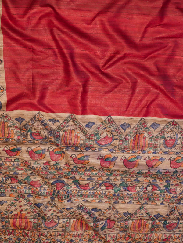 Bhagalpur Handloom Pure Tussar Silk Saree With Hand Block Painted Madhubani Design-Red