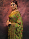 Banarasee Pure Handloom Muga Silk Saree With Resham & Zari Weaving-Green