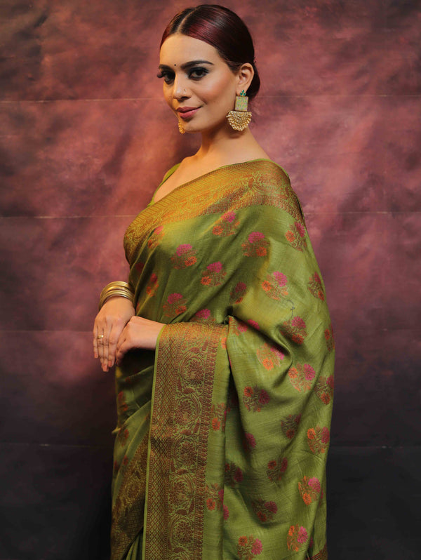 Banarasee Pure Handloom Muga Silk Saree With Resham & Zari Weaving-Green