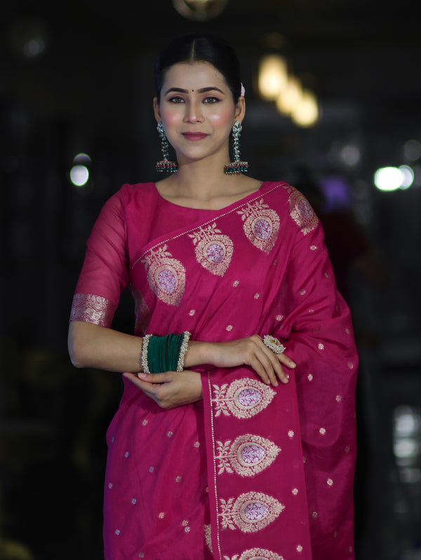 Banarasee Handloom Semi Silk Saree With Sona Rupa Zari Buti Design & Border-Deep Pink
