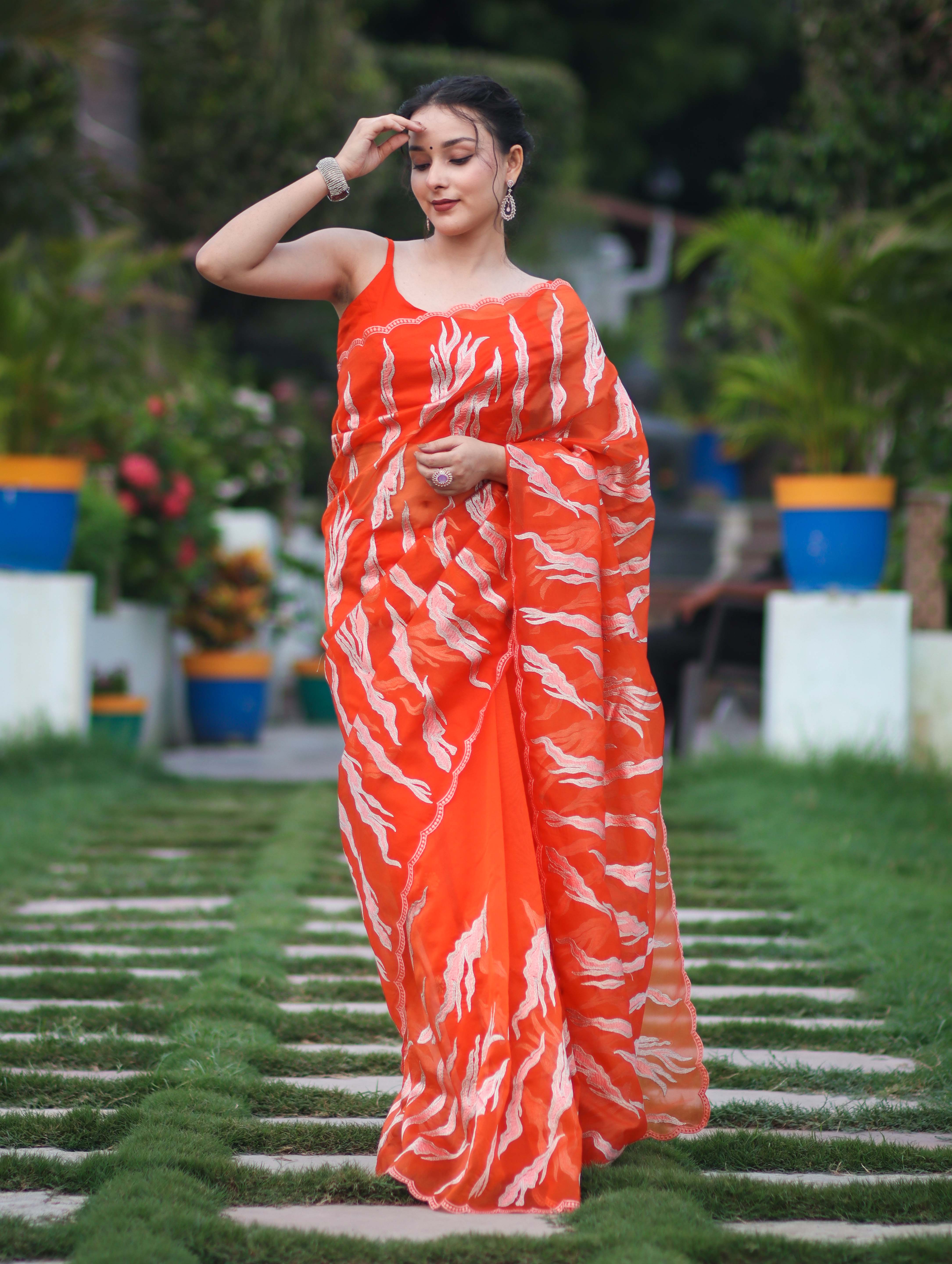 Banarasee Handloom Organza Saree With Resham Zari Work & Scallop Border-Orange