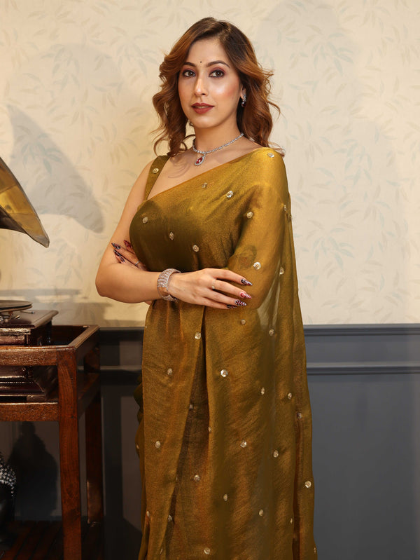 Banarasee Handwoven Semi Chiffon Saree With Buta Work-Gold