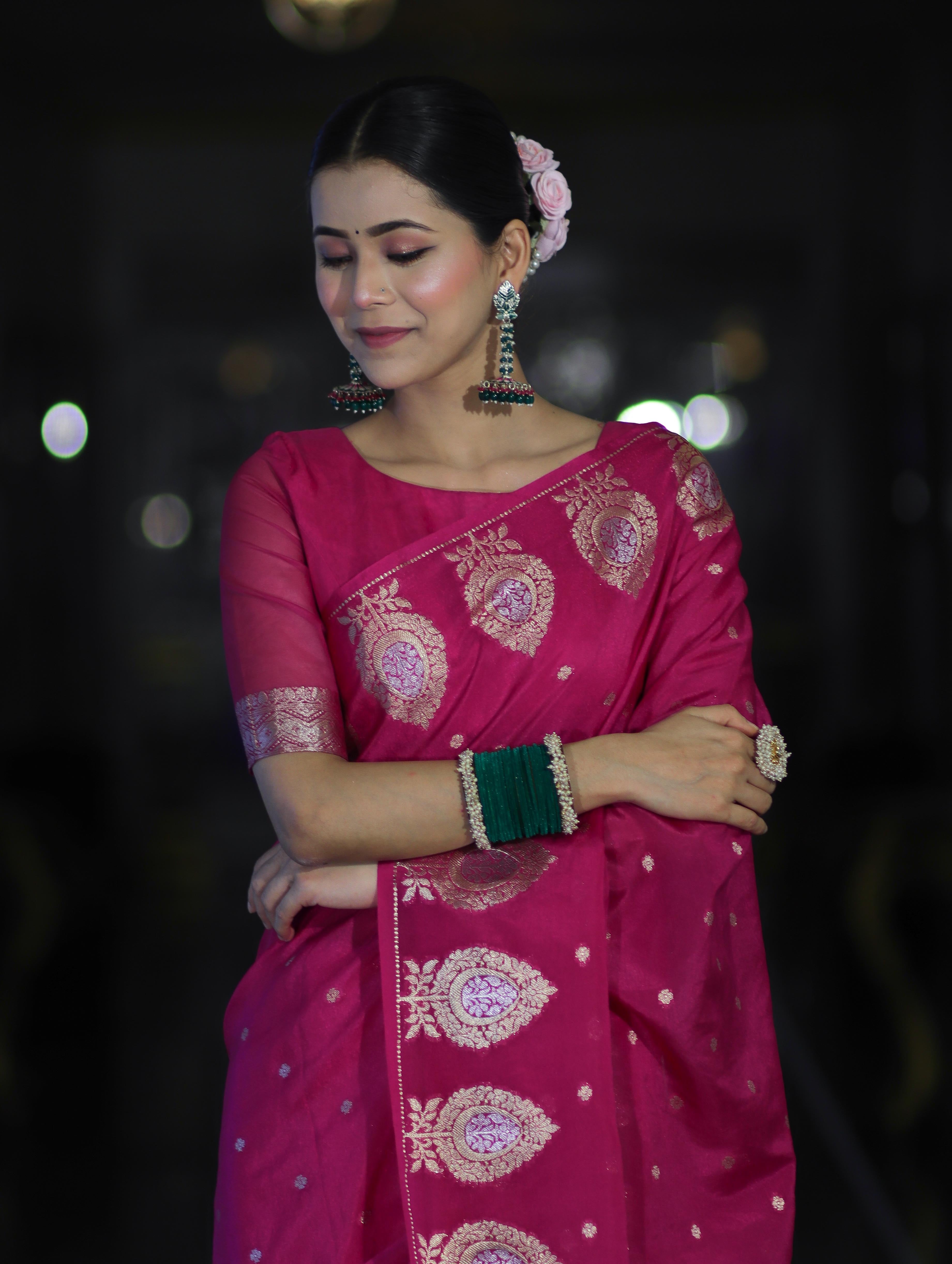 Banarasee Handloom Semi Silk Saree With Sona Rupa Zari Buti Design & Border-Deep Pink