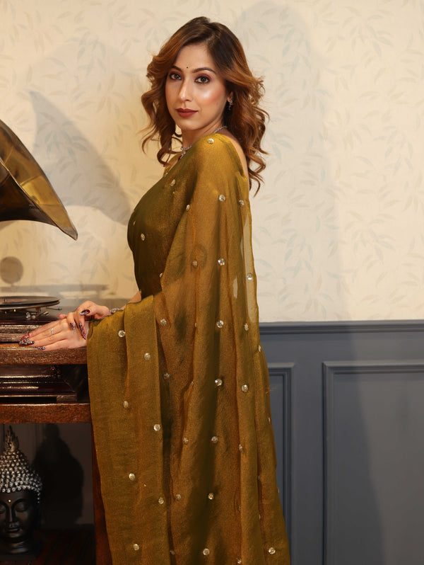 Banarasee Handwoven Semi Chiffon Saree With Buta Work-Gold