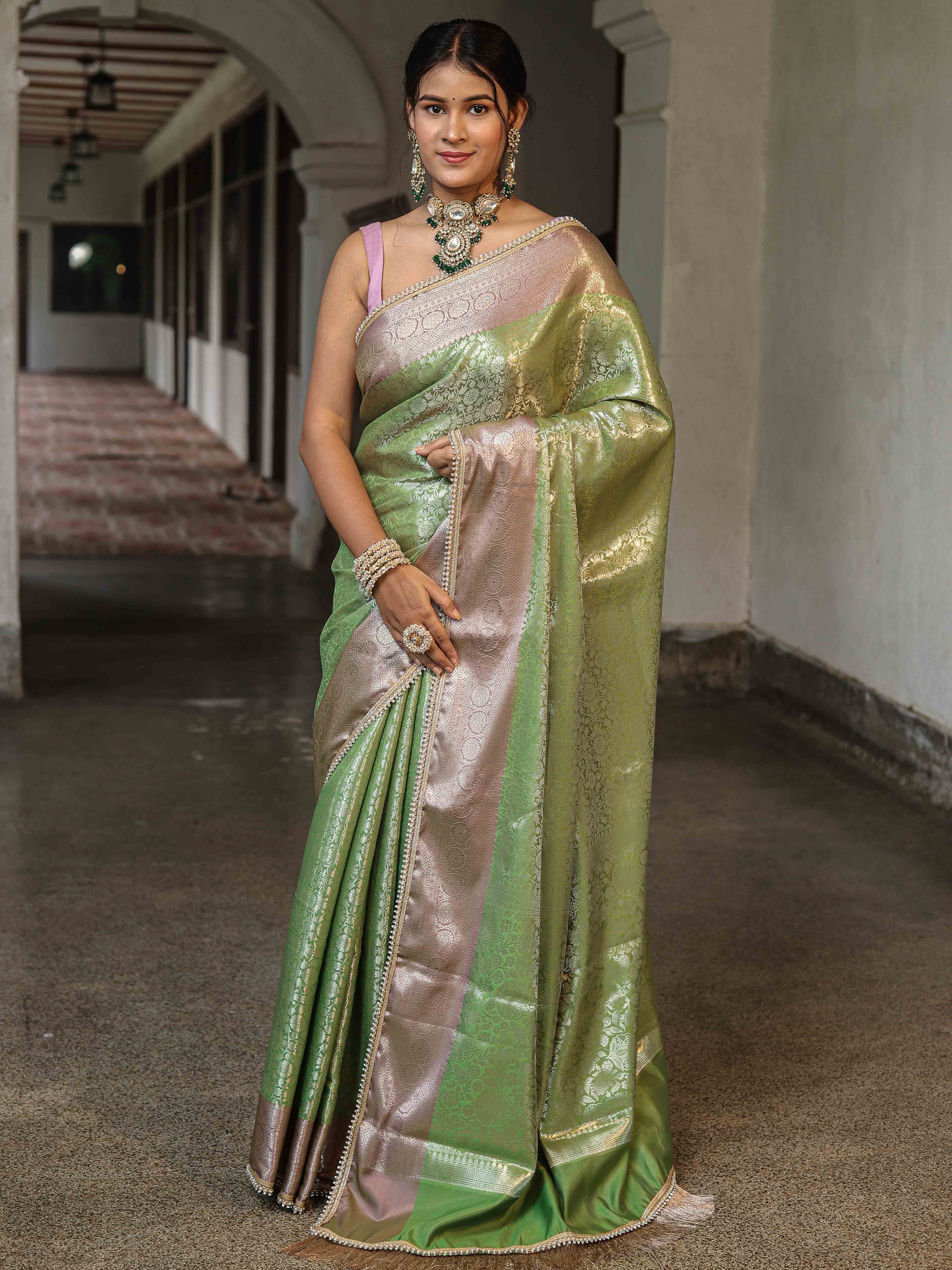 Banarasee Handwoven Tissue Saree With Zari Jaal Design & Lace-Green & Lavender