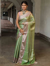 Banarasee Handwoven Tissue Saree With Zari Jaal Design & Lace-Green & Lavender