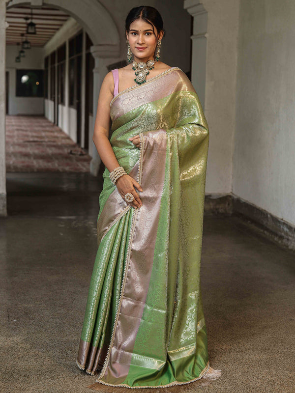 Banarasee Handwoven Tissue Saree With Zari Jaal Design & Lace-Green & Lavender