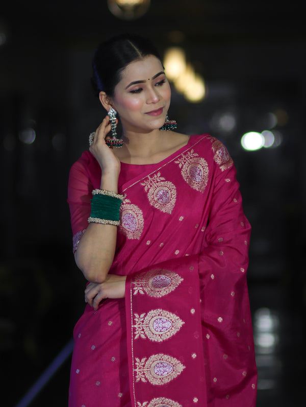 Banarasee Handloom Semi Silk Saree With Sona Rupa Zari Buti Design & Border-Deep Pink