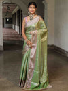 Banarasee Handwoven Tissue Saree With Zari Jaal Design & Lace-Green & Lavender