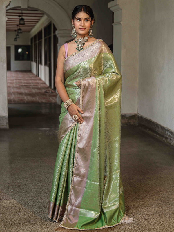 Banarasee Handwoven Tissue Saree With Zari Jaal Design & Lace-Green & Lavender
