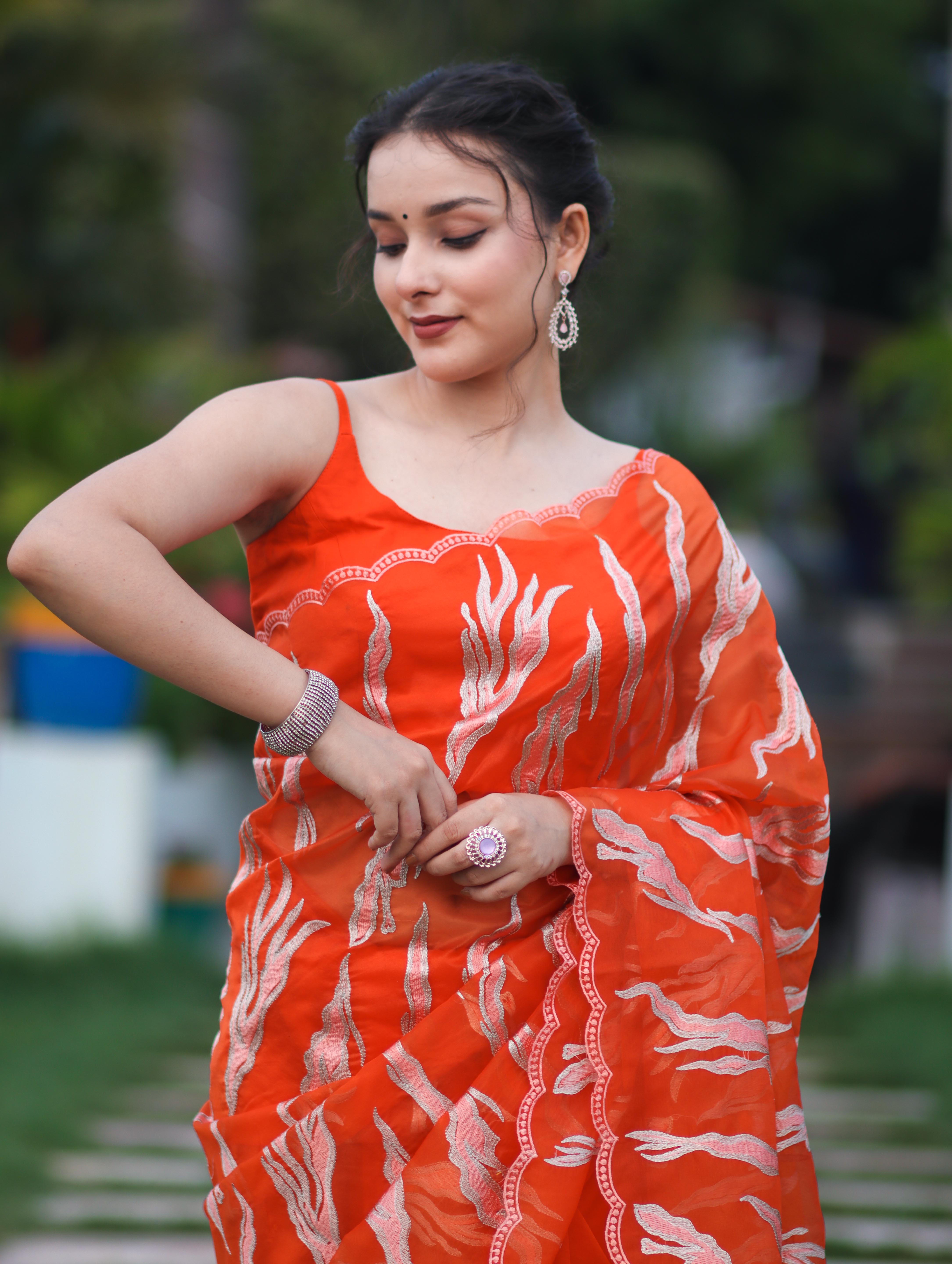 Banarasee Handloom Organza Saree With Resham Zari Work & Scallop Border-Orange