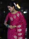 Banarasee Handloom Semi Silk Saree With Sona Rupa Zari Buti Design & Border-Deep Pink