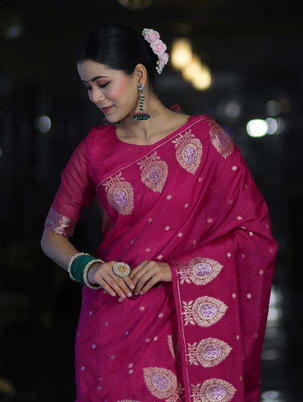 Banarasee Handloom Semi Silk Saree With Sona Rupa Zari Buti Design & Border-Deep Pink