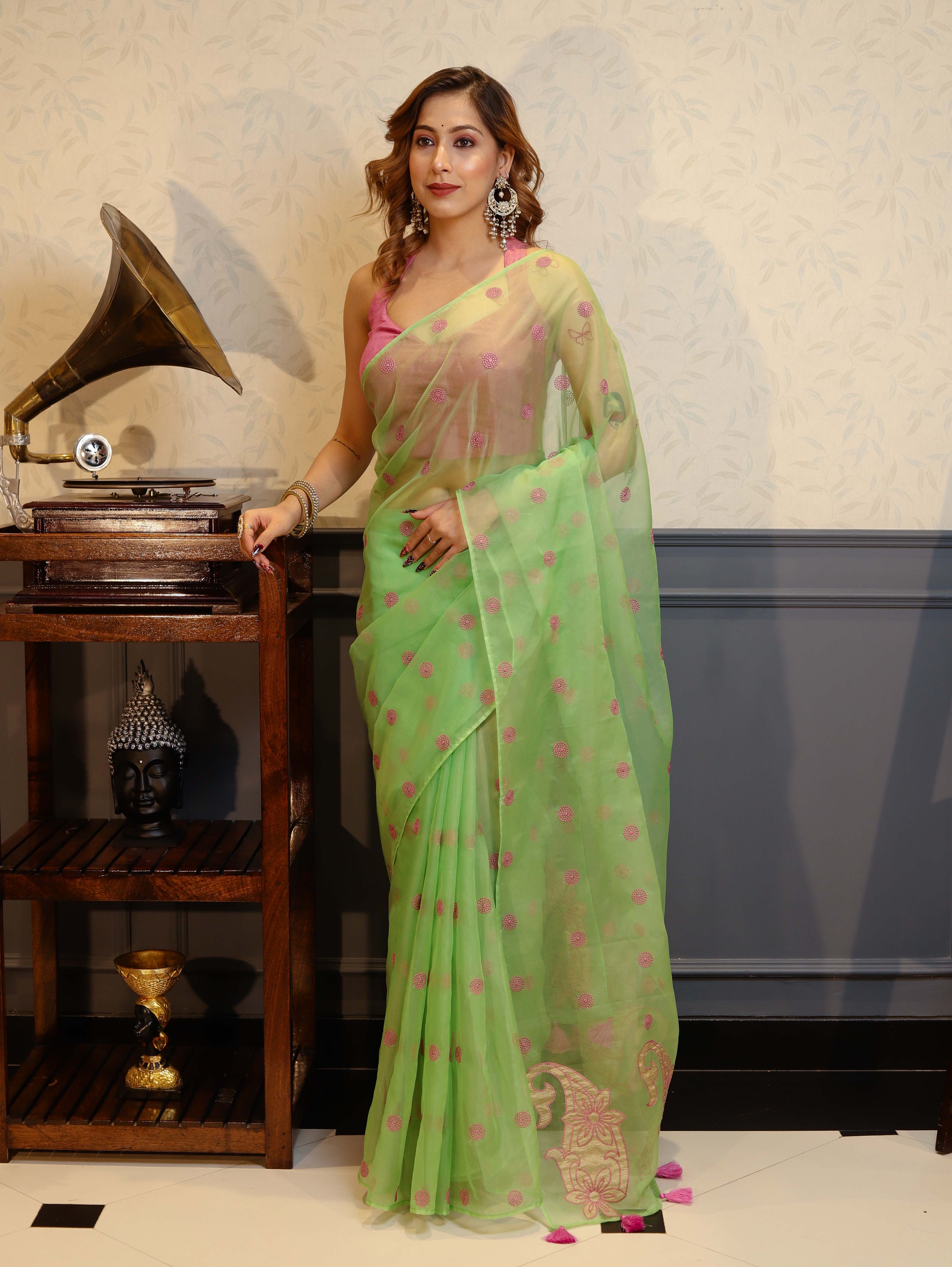 Banarasee Organza Mix Saree With Embroidered Buta & Applique Work Pallu-Pastel Green
