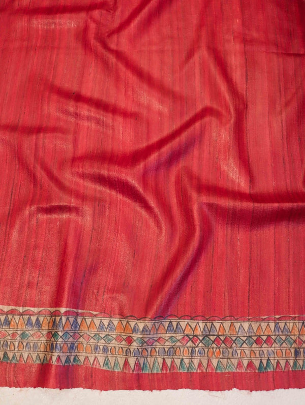 Bhagalpur Handloom Pure Tussar Silk Saree With Hand Block Painted Madhubani Design-Red