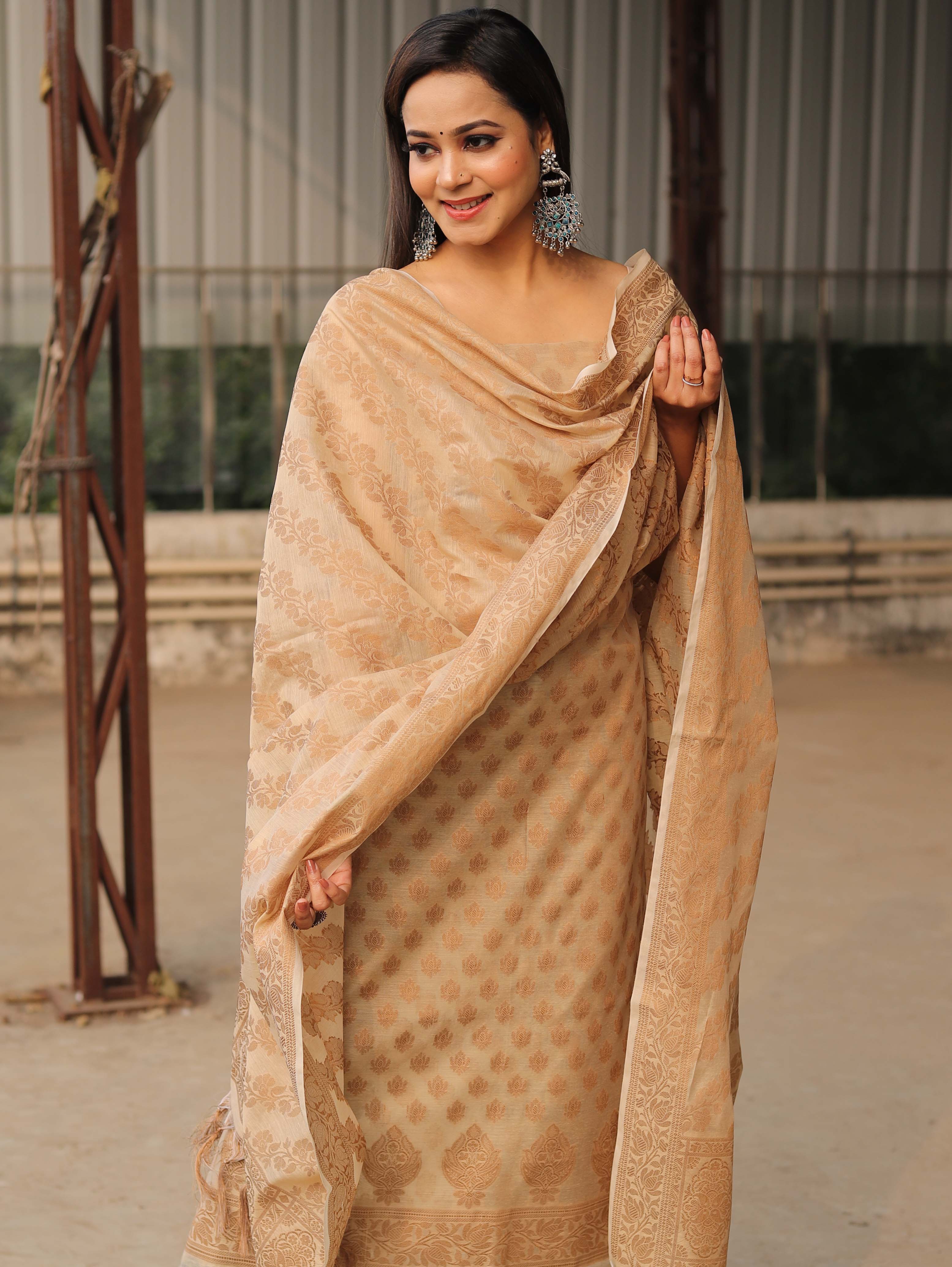 Banarasee Soft Cotton Ghichha Work Salwar Kameez Fabric With Dupatta-Beige